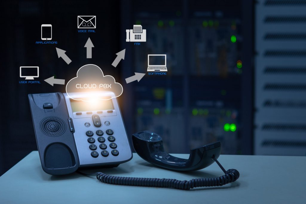 ip-telephony-cloud-pbx-concept-telephone-device-with-illustration-icon-of-voip-services-and-networking-data-center-on-background