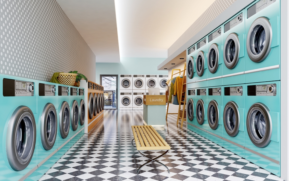 Laundry,Shop,Interior,With,Counter,And,Washing,Machines.3d,Rendering