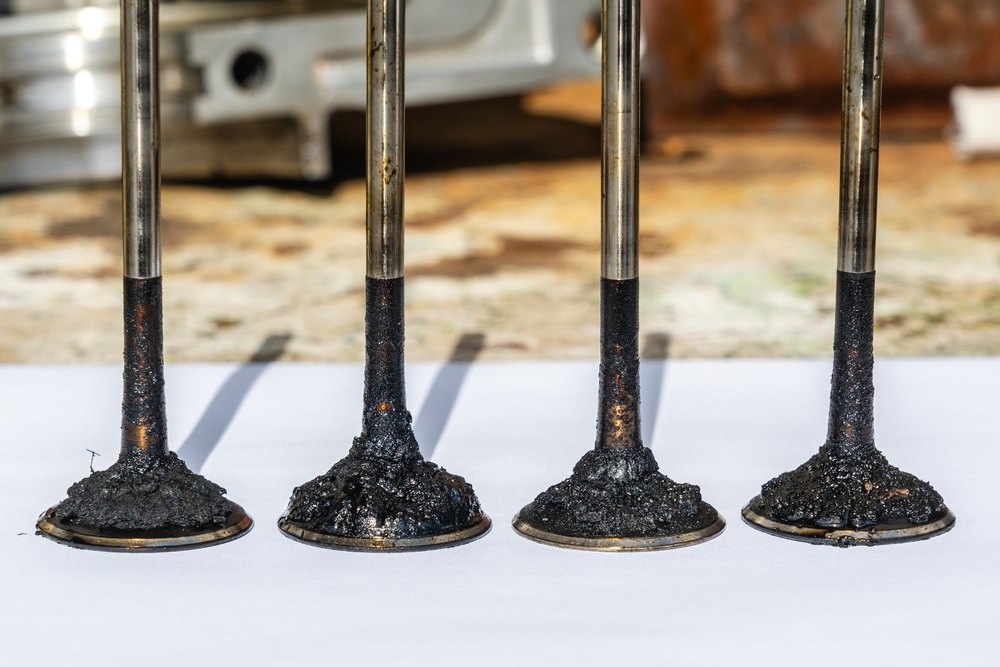 Engine valves in oil covered with soot